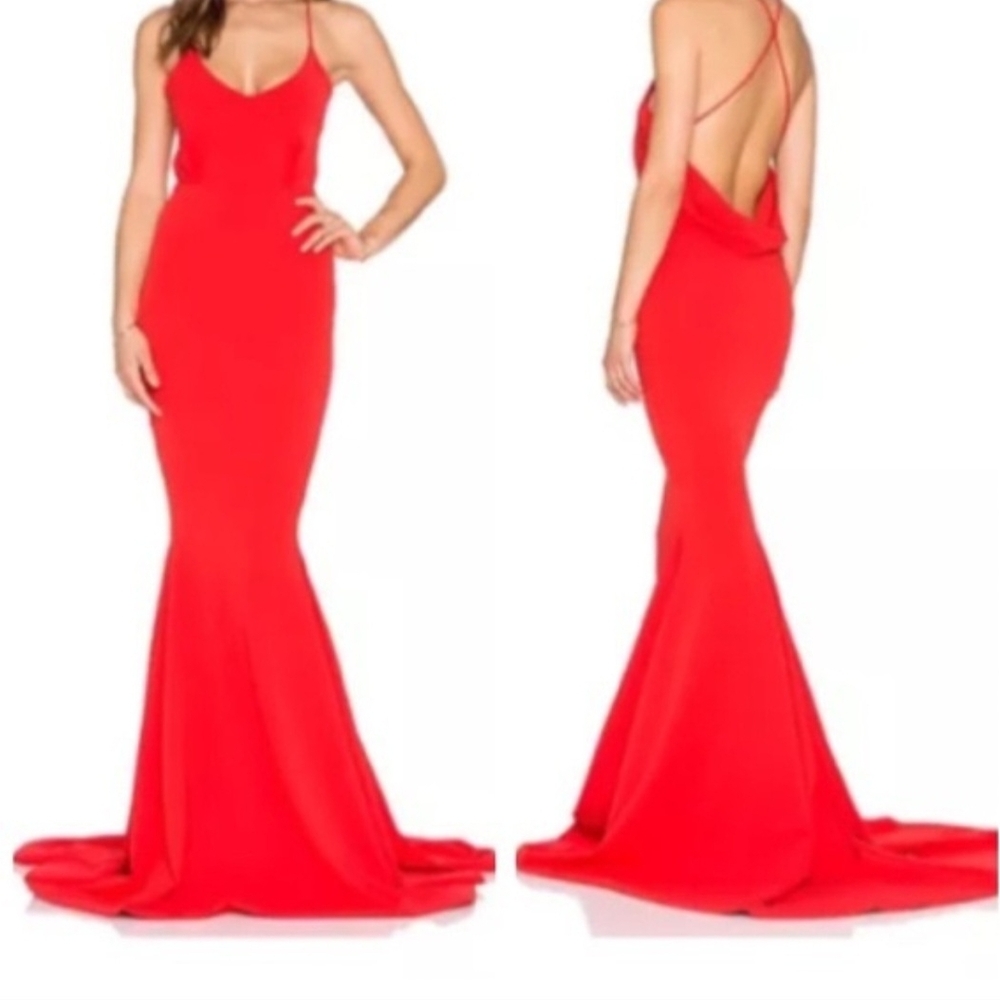Gemelli Red Backless Mermaid Gown with Cowl Back Size 0 NWT